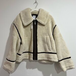 GAP Women's Cream Sherpa Jacket with Brown Leather Trim NWT